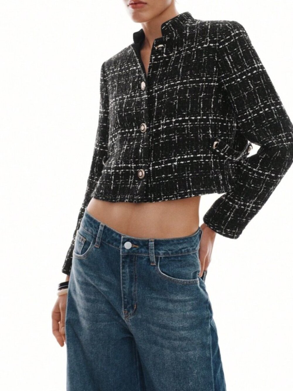 Black White Tweed Stand Collar Cropped Jacket
